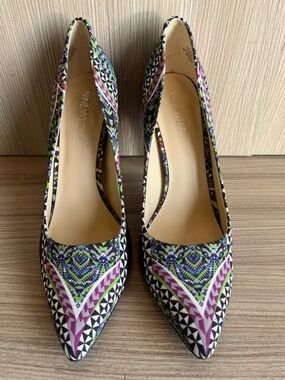 Nine West Geometric Pointed-Toe Pumps in Purple and Green